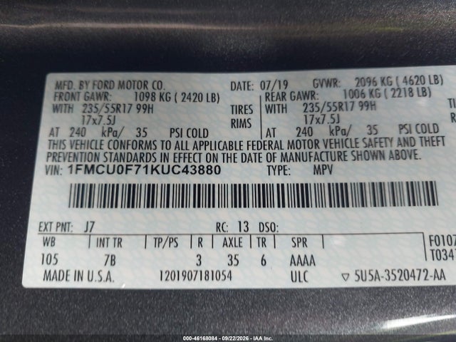 Продаж на аукціоні авто 2019 Ford Escape S, vin: 1FMCU0F71KUC43880, номер лоту: 46168084