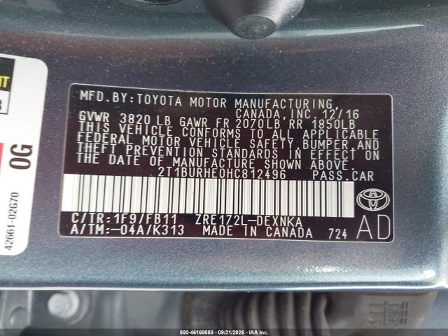 46168088 :رقم المزاد ، 2T1BURHE0HC812496 vin ، 2017 Toyota Corolla Le مزاد بيع