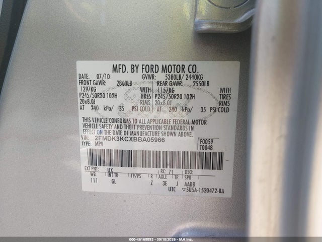 46168093 :رقم المزاد ، 2FMDK3KCXBBA05966 vin ، 2011 Ford Edge Limited مزاد بيع