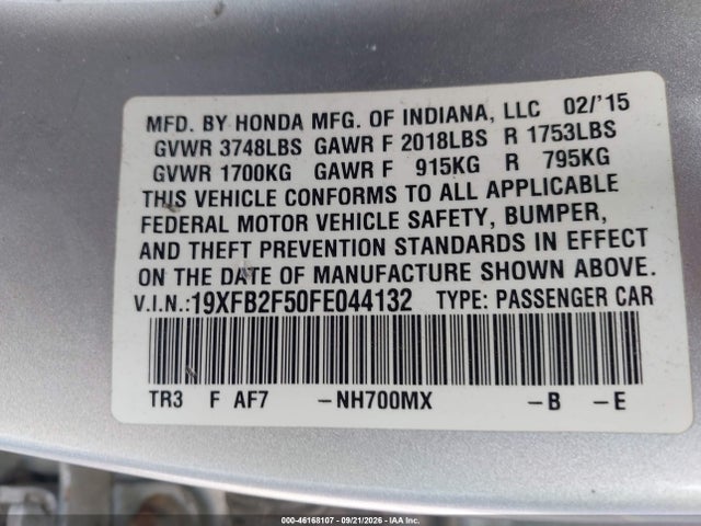 Продаж на аукціоні авто 2015 Honda Civic Lx, vin: 19XFB2F50FE044132, номер лоту: 46168107