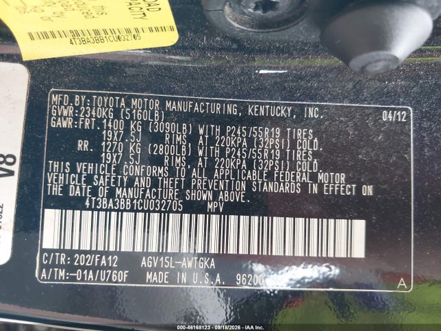 Aukcja sprzedaży 2012 Toyota Venza Le, vin: 4T3BA3BB1CU032705, numer aukcji: 46168123