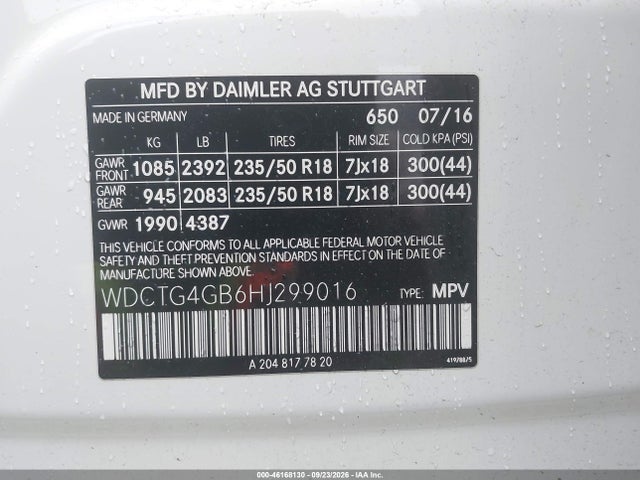 2017 Mercedes-benz Gla 250 4matic მანქანა იყიდება აუქციონზე, vin: WDCTG4GB6HJ299016, აუქციონის ნომერი: 46168130