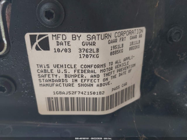 Продаж на аукціоні авто 2004 Saturn Ion 2, vin: 1G8AJ52F74Z150182, номер лоту: 46168161