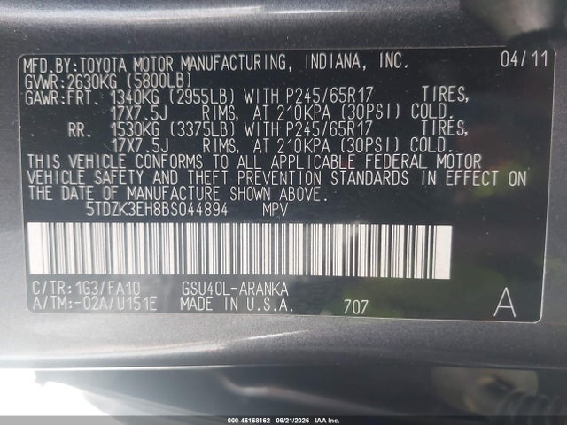 Продаж на аукціоні авто 2011 Toyota Highlander Base V6, vin: 5TDZK3EH8BS044894, номер лоту: 46168162