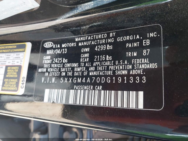 46168169 :رقم المزاد ، 5XXGM4A70DG191333 vin ، 2013 Kia Optima Lx مزاد بيع