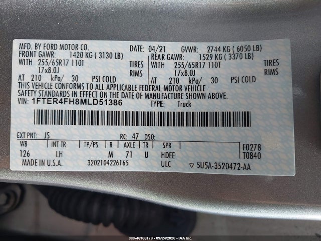 46168179 :رقم المزاد ، 1FTER4FH8MLD51386 vin ، 2021 Ford Ranger Xlt مزاد بيع