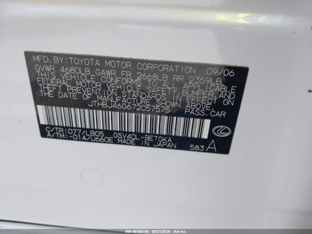 Aukcja sprzedaży 2007 Lexus Es 350, vin: JTHBJ46G672057575, numer aukcji: 46168188