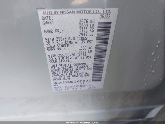 46168203 :رقم المزاد ، 5N1DR3DG6NC260825 vin ، 2022 Nissan Pathfinder Platinum مزاد بيع