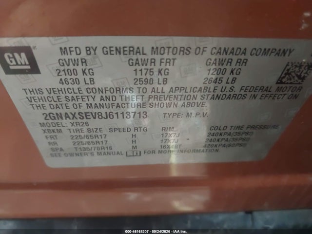 Aukcja sprzedaży 2018 Chevrolet Equinox Lt, vin: 2GNAXSEV8J6113713, numer aukcji: 46168207