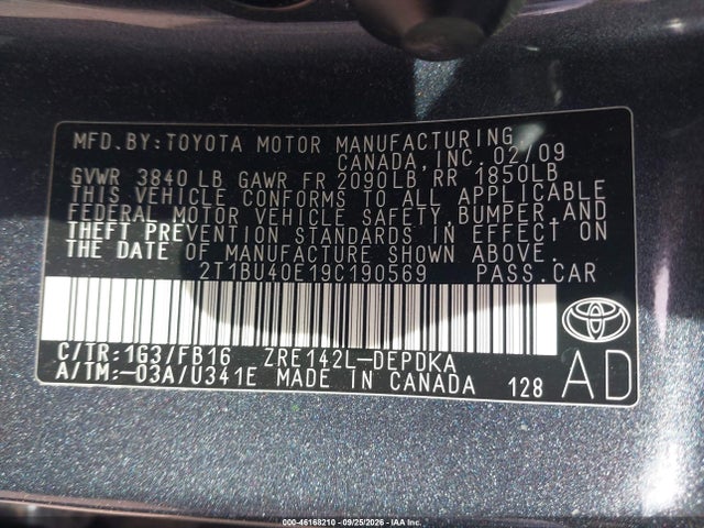 2009 Toyota Corolla Le მანქანა იყიდება აუქციონზე, vin: 2T1BU40E19C190569, აუქციონის ნომერი: 46168210