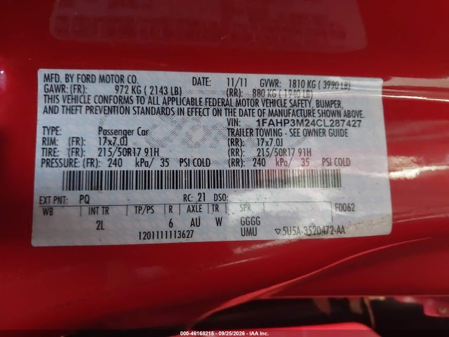 46168215 :رقم المزاد ، 1FAHP3M24CL287427 vin ، 2012 Ford Focus Sel مزاد بيع
