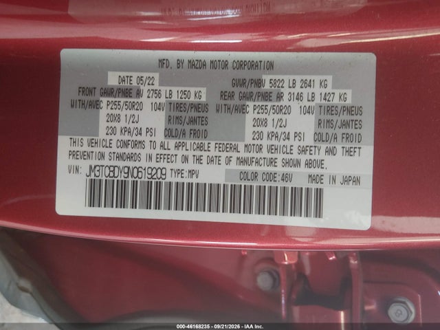 Продаж на аукціоні авто 2022 Mazda Cx-9 Grand Touring, vin: JM3TCBDY9N0619209, номер лоту: 46168235
