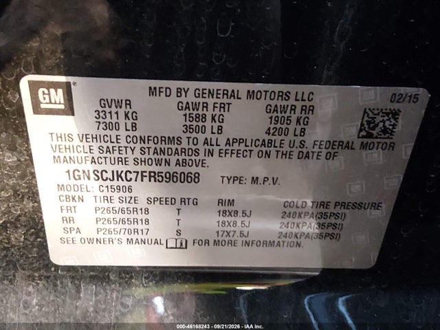 46168243 :رقم المزاد ، 1GNSCJKC7FR596068 vin ، 2015 Chevrolet Suburban 1500 Lt مزاد بيع