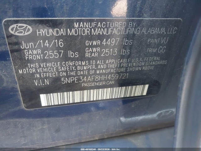 Aukcja sprzedaży 2017 Hyundai Sonata Sport, vin: 5NPE34AF8HH459721, numer aukcji: 46168246