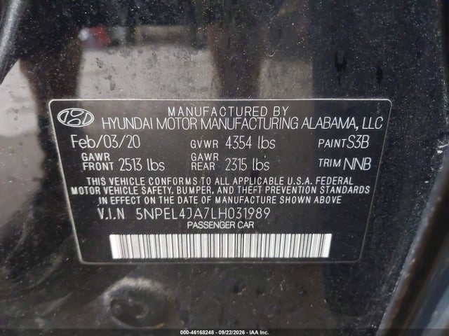 46168248 :رقم المزاد ، 5NPEL4JA7LH031989 vin ، 2020 Hyundai Sonata Sel مزاد بيع