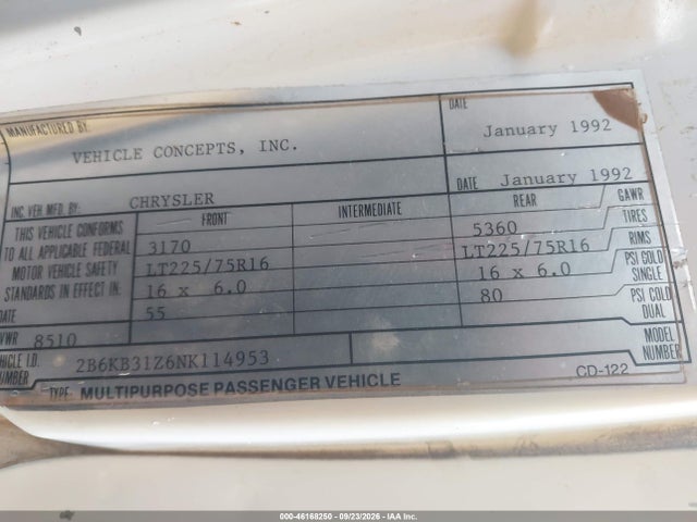 Aukcja sprzedaży 1992 Dodge Ram Van B350, vin: 2B6KB31Z6NK114953, numer aukcji: 46168250