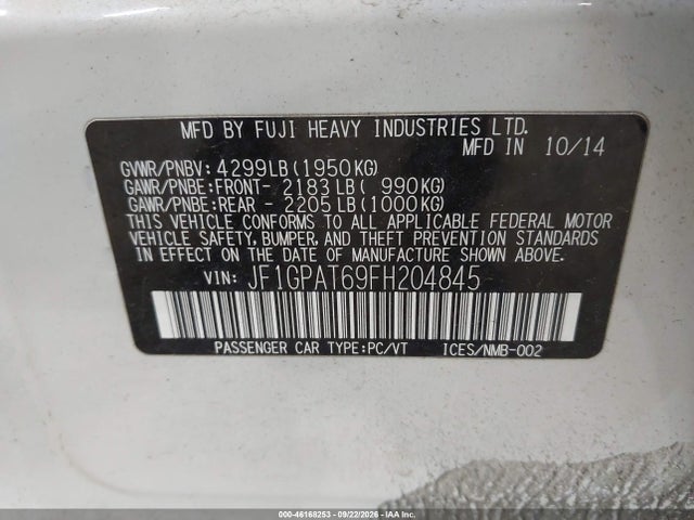 Aukcja sprzedaży 2015 Subaru Impreza Wagon 2.0i Sport Premium, vin: JF1GPAT69FH204845, numer aukcji: 46168253