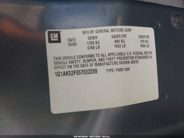 Продаж на аукціоні авто 2005 Chevrolet Cobalt, vin: 1G1AK52F057632209, номер лоту: 46168294