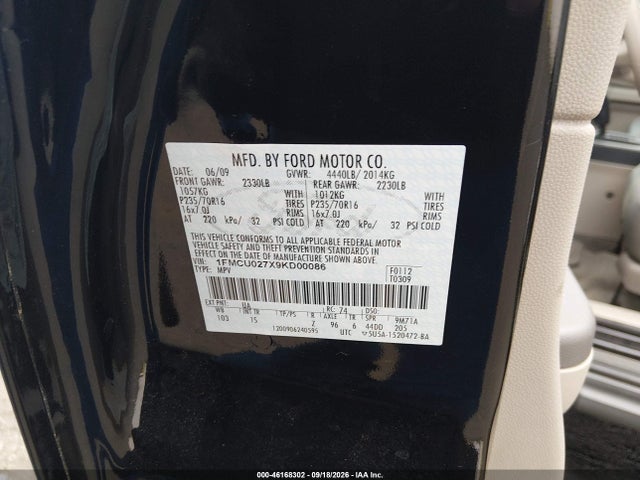 Продаж на аукціоні авто 2009 Ford Escape Xls/xls Manual, vin: 1FMCU027X9KD00086, номер лоту: 46168302