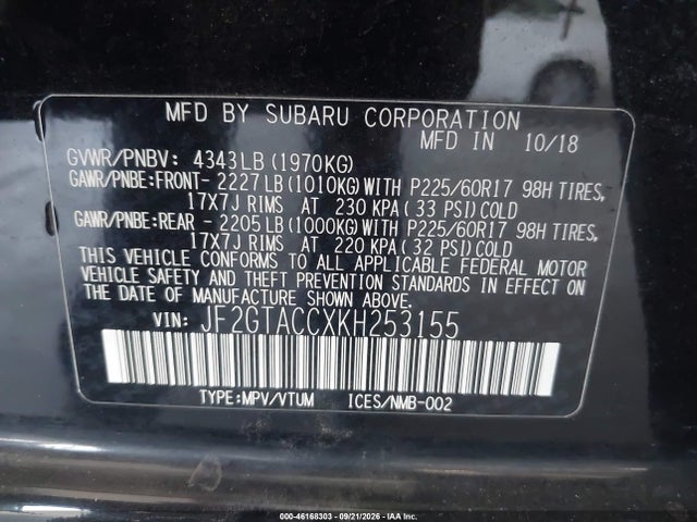Продаж на аукціоні авто 2019 Subaru Crosstrek 2.0i Premium, vin: JF2GTACCXKH253155, номер лоту: 46168303