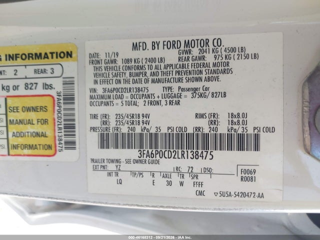 Продажа на аукционе авто 2020 Ford Fusion Sel, vin: 3FA6P0CD2LR138475, номер лота: 46168312