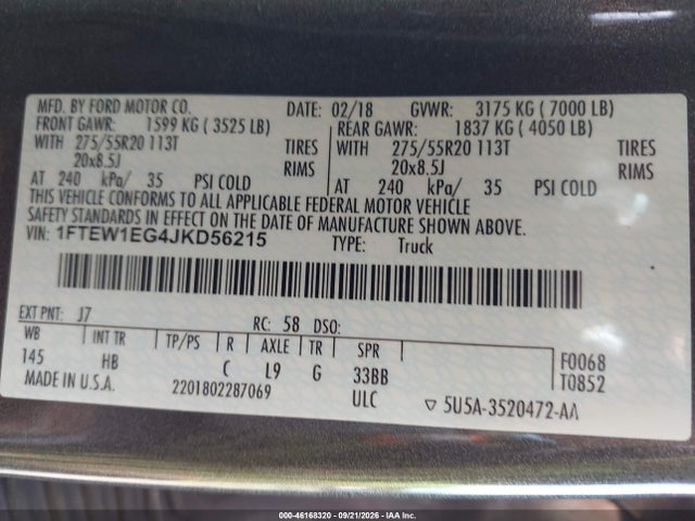 Aukcja sprzedaży 2018 Ford F-150 Lariat, vin: 1FTEW1EG4JKD56215, numer aukcji: 46168320