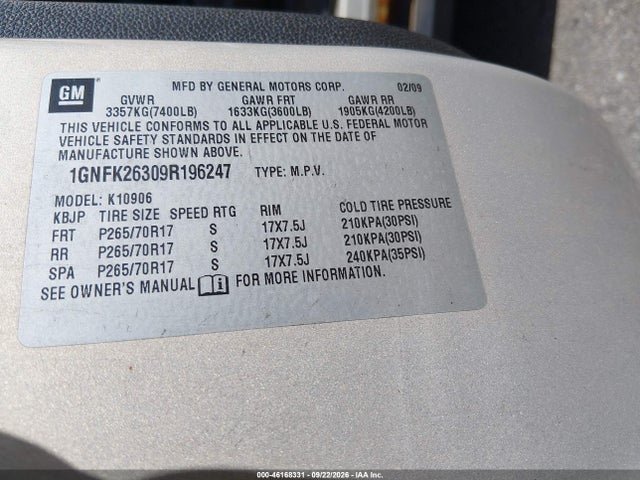 Продаж на аукціоні авто 2009 Chevrolet Suburban 1500 Lt2, vin: 1GNFK26309R196247, номер лоту: 46168331
