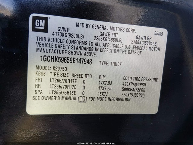 46168332 :رقم المزاد ، 1GCHK59659E147948 vin ، 2009 Chevrolet Silverado 2500hd Lt مزاد بيع
