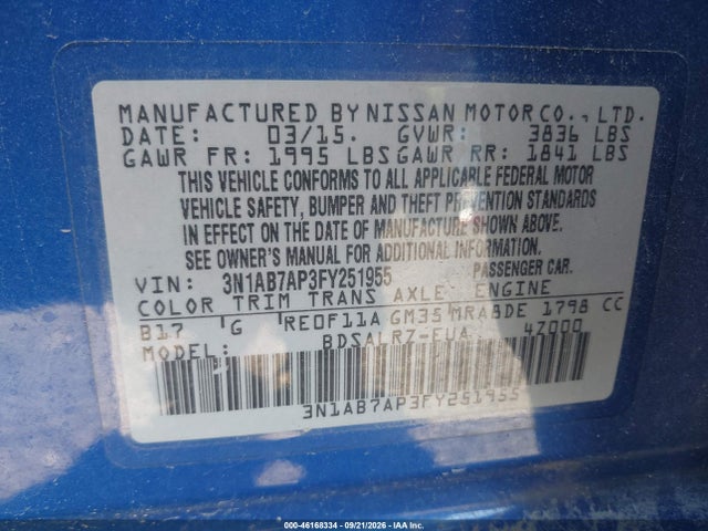 2015 Nissan Sentra Sr მანქანა იყიდება აუქციონზე, vin: 3N1AB7AP3FY251955, აუქციონის ნომერი: 46168334