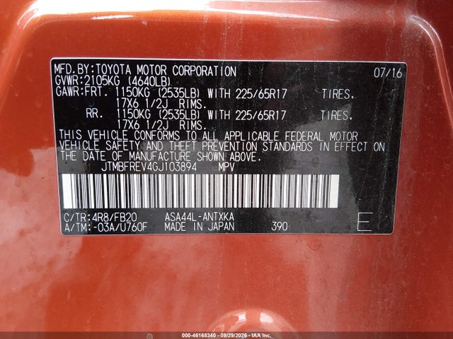 Aukcja sprzedaży 2016 Toyota Rav4 Le, vin: JTMBFREV4GJ103894, numer aukcji: 46168340