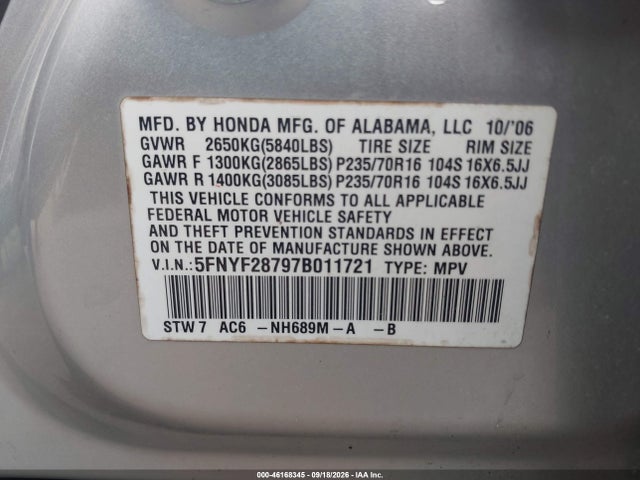 2007 Honda Pilot Ex-l მანქანა იყიდება აუქციონზე, vin: 5FNYF28797B011721, აუქციონის ნომერი: 46168345