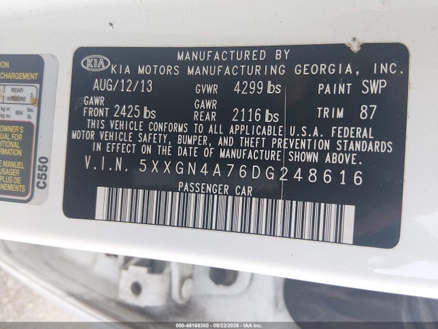 2013 Kia Optima Ex მანქანა იყიდება აუქციონზე, vin: 5XXGN4A76DG248616, აუქციონის ნომერი: 46168350