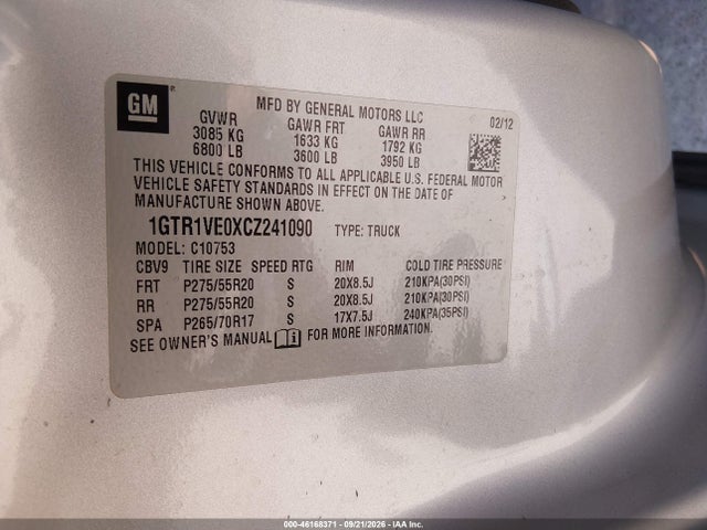 Продаж на аукціоні авто 2012 Gmc Sierra 1500 Sle, vin: 1GTR1VE0XCZ241090, номер лоту: 46168371
