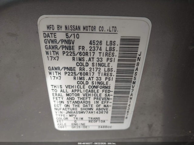 2010 Nissan Rogue Sl მანქანა იყიდება აუქციონზე, vin: JN8AS5MV7AW143676, აუქციონის ნომერი: 46168377