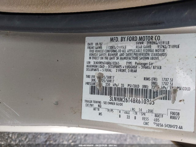 Продаж на аукціоні авто 2008 Lincoln Mkz, vin: 3LNHM26T48R610365, номер лоту: 46168400