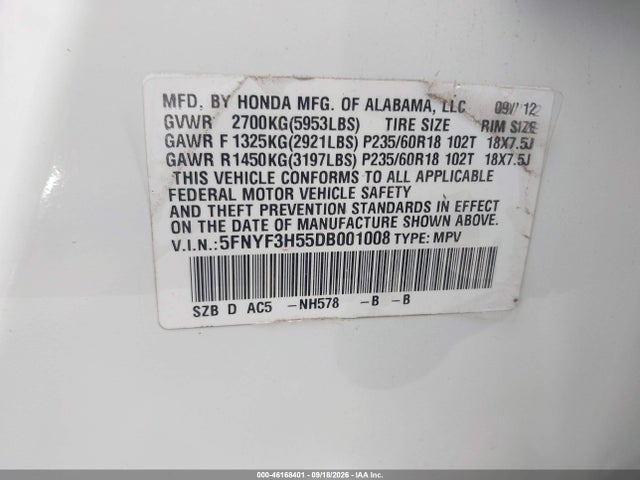 2013 Honda Pilot Ex-l მანქანა იყიდება აუქციონზე, vin: 5FNYF3H55DB001008, აუქციონის ნომერი: 46168401