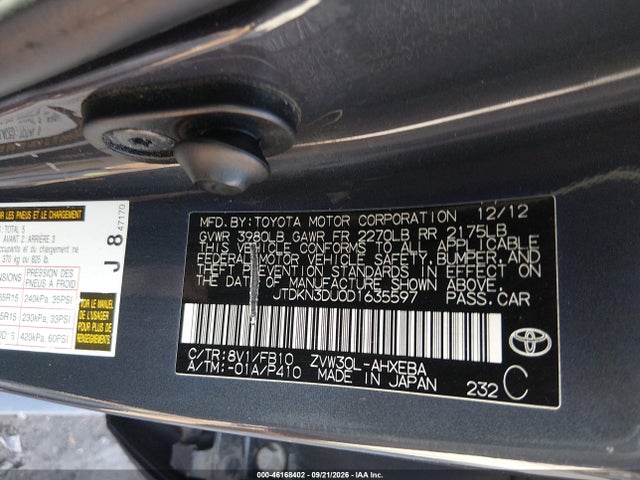 Aukcja sprzedaży 2013 Toyota Prius Two, vin: JTDKN3DU0D1635597, numer aukcji: 46168402