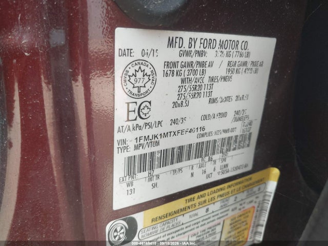46168415 :رقم المزاد ، 1FMJK1MTXFEF40116 vin ، 2015 Ford Expedition Max Platinum مزاد بيع