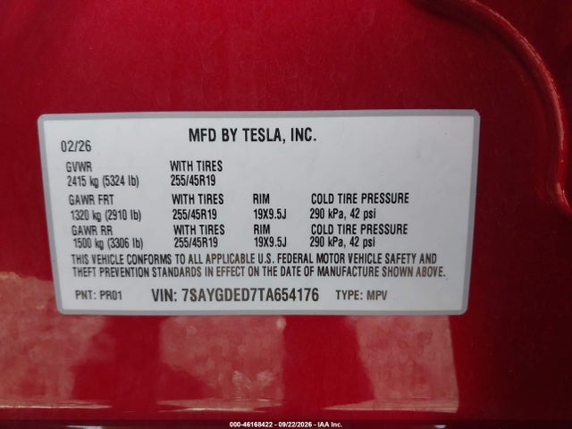 46168422 :رقم المزاد ، 7SAYGDED7TA654176 vin ، 2026 Tesla Model Y Premium Rear-wheel Drive/rear-wheel Drive مزاد بيع