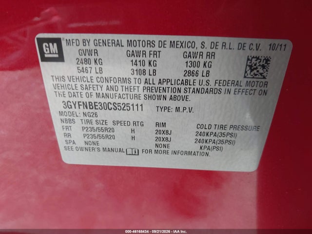 Aukcja sprzedaży 2012 Cadillac Srx Performance Collection, vin: 3GYFNBE30CS525111, numer aukcji: 46168434
