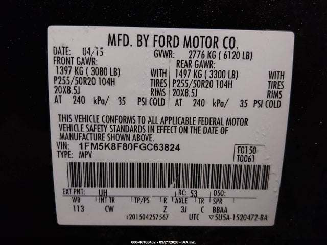 Продаж на аукціоні авто 2015 Ford Explorer Limited, vin: 1FM5K8F80FGC63824, номер лоту: 46168437