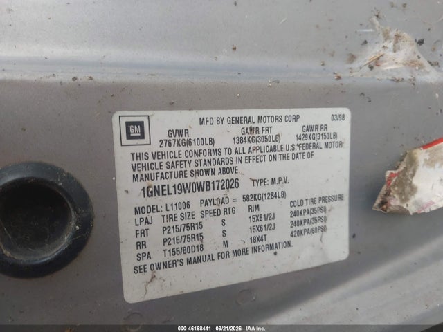 46168441 :رقم المزاد ، 1GNEL19W0WB172026 vin ، 1998 Chevrolet Astro مزاد بيع
