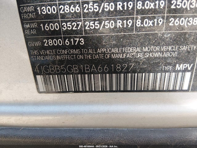 46168444 :رقم المزاد ، 4JGBB5GB1BA661827 vin ، 2011 Mercedes-benz Ml 350 مزاد بيع