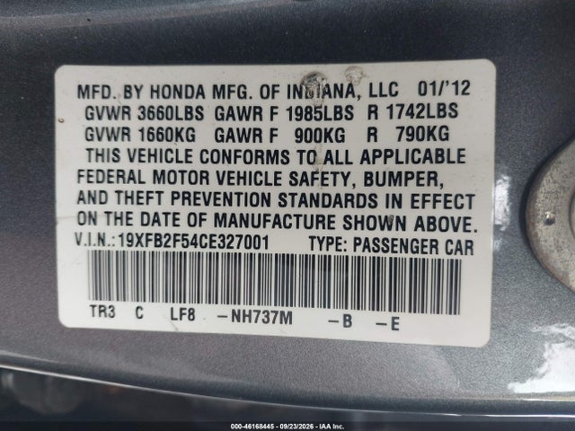 2012 Honda Civic Sdn Lx მანქანა იყიდება აუქციონზე, vin: 19XFB2F54CE327001, აუქციონის ნომერი: 46168445