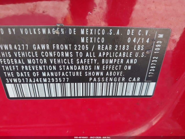 Продаж на аукціоні авто 2014 Volkswagen Jetta 1.8t Se, vin: 3VWD17AJ4EM293577, номер лоту: 46168451