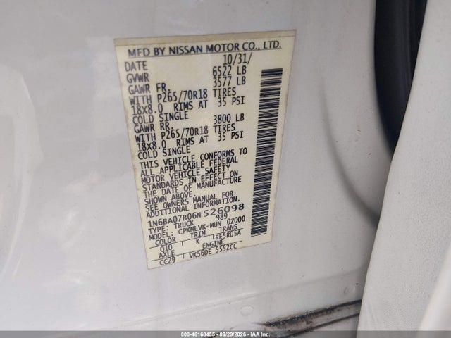 Продаж на аукціоні авто 2006 Nissan Titan Le, vin: 1N6BA07B06N526098, номер лоту: 46168455
