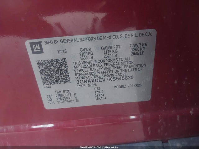 2019 Chevrolet Equinox Lt მანქანა იყიდება აუქციონზე, vin: 3GNAXUEV7KS545630, აუქციონის ნომერი: 46168478