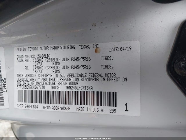 46168481 :رقم المزاد ، 5TFSX5EN7KX067730 vin ، 2019 Toyota Tacoma Sr مزاد بيع