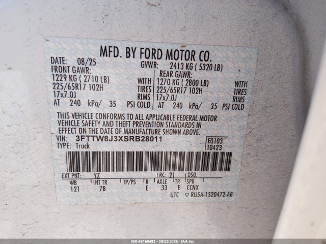 Продажа на аукционе авто 2025 Ford Maverick Xlt, vin: 3FTTW8J3XSRB28011, номер лота: 46168492