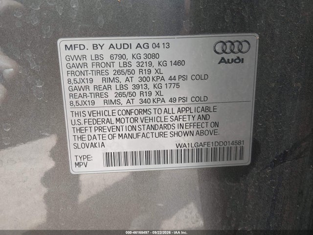 Продаж на аукціоні авто 2013 Audi Q7 3.0t Premium, vin: WA1LGAFE1DD014581, номер лоту: 46168497